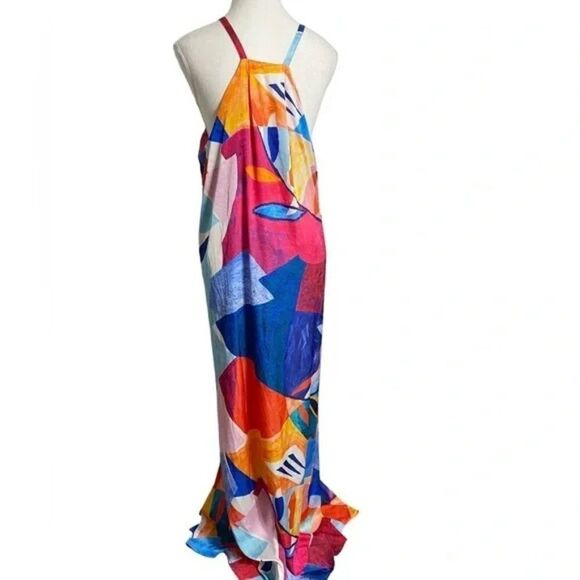 Nicole Miller Abstract Watercolor Print Silky Satin Flowy Maxi Dress XL - Picture 2 of 8